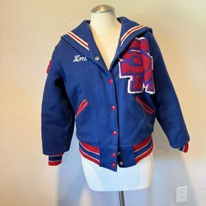 Vintage 1983 Trophy Jackets Blue Wool Varsity Sailor Collar Letterman Jacket S